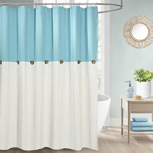 Farmhouse Teal Shower Curtain for BathroomBeige and Teal StripeButton Curtain... - Picture 1 of 6