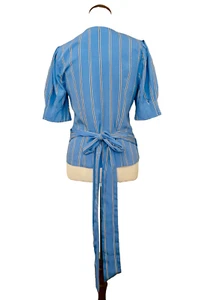 PORTMANS Blue Wrap Top Blouse Size 6 Striped Tie Up Back Short Sleeve - Picture 1 of 11
