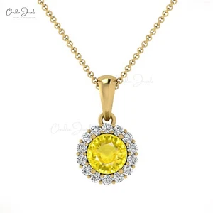 4mm Yellow Sapphire & Diamond Pendant 14k Solid Gold Halo Pendant Birthday Gift - Picture 1 of 22
