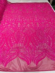 Hot Pink Sequin Fabric On Power Mesh 4 Way Stretch Lace Fabric By The Yard - Picture 1 of 4
