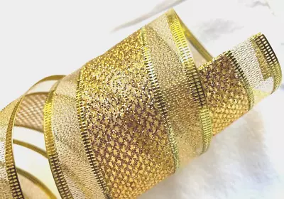 Light Gold 2.5" x 2 yds Wired Ribbon Metallic Mesh Center with Lining Sheer Edge - Image 1 of 4
