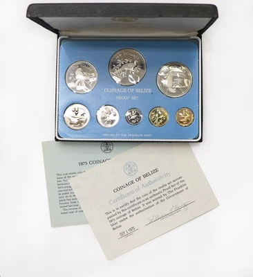 1975 Coinage of Belize 8 Coin Proof Set Franklin Mint Black Case - Image 1 of 3