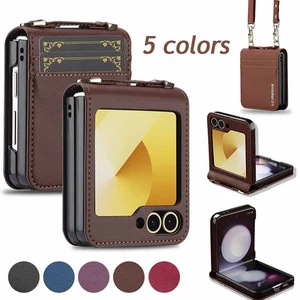 For Samsung Galaxy Z Flip 7 6 5 Leather Flip Case Wallet Card Cover With Strap - Picture 1 of 29
