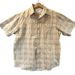 Split Beige Tan Plaid Western Short Sleeve Button Down Shirt Embroider L Large - Picture 1 of 11