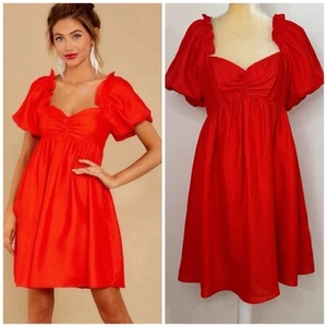 NWT English Factory Puff Sleeve Babydoll Dress Size M Red Lined Sweetheart Neck - Picture 1 of 15