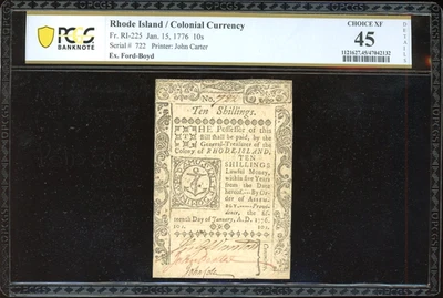 1776 Colonial Currency Rhode Island 10S Note RI-225. PCGS 45 Detail (XF) - Image 1 of 2