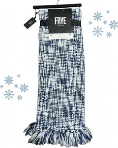 NWT Oversized FRYE Classic Marled basket wave throw with fringe white blue 50x70 - Picture 1 of 7