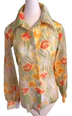 Blusa De Colección Años 70 LADY ARROW Colorida Groovy Transparente Verde Naranja Amarillo ¡Flores! Foto 1 de 4
