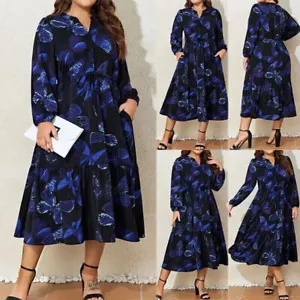 Plus Size Womens V-Neck Butterfly Printed Party Midi Dress Ladies A-Lined Dress - Picture 1 of 16