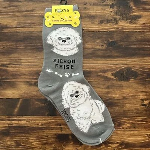 NWT Foozys Grey Crew Length Bichon Frise Dog Pattern Socks Women's One Size - Picture 1 of 2