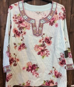 John Mark Plus Size 2X Ice Blue Floral Embroidered Beaded 3/4 Sleeve Tunic Top - Picture 1 of 11