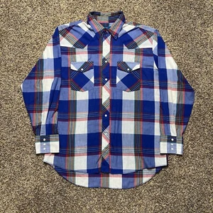 VTG Wrangler Shirt Mens Large Long Tail Pearl Snap Blue Red Plaid USA Western - Picture 1 of 12