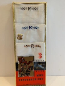 VTG Men's Handkerchiefs Hand Loom Embroidered Initial R Gray Blue Brown - Picture 1 of 7