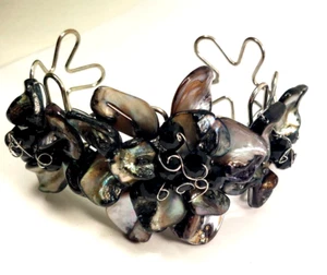 Wide Silver Tone Wired Abalone Shell & Glass Bead Floral Cuff Statement Bracelet - Picture 1 of 9