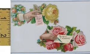 Carta vittoriana, anni 1890, fiori, mano, rosa fustellata (A124) - Foto 1 di 1
