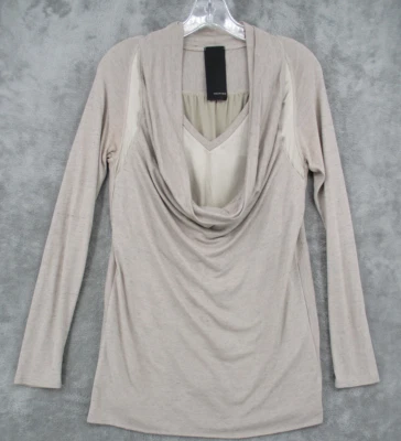 Heather Sweater Womens Medium Drape Neck Long Sleeve Knit Satin Pullover Beige - Image 1 of 4