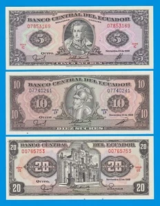 3 Ecuador Notes! 5 + 10 + 20 Sucres, 1988 P-113d +P-121 +P-121A, ALL perfect UNC - Picture 1 of 2