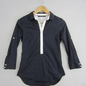 Zara Basic Top Womens Small 10 Navy Blue White Collar Button-Up Shirt Work Offic - Picture 1 of 17