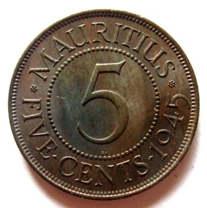 MAURITIUS - 5 CENTS 1945 UNC KM# 20, PATINA - Picture 1 of 2