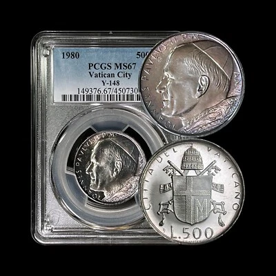 VATICAN CITY. 1980, 500 Lire, Silver - PCGS MS67 - JP2, Papal Arms, 🌈 Toned - Image 1 of 4