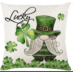 ST PATRICKS DAY Linen THROW PILLOW COVER 18"X18" "LUCKY GNOME" SHAMROCKS NEW - Picture 1 of 1