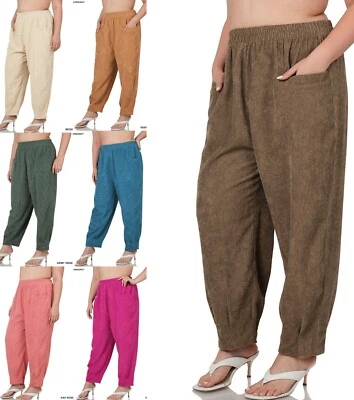 1X 2X 3X Corduroy Pants Front Pockets Soft Relaxed Fit  Elastic Waist Pull On - Image 1 of 2