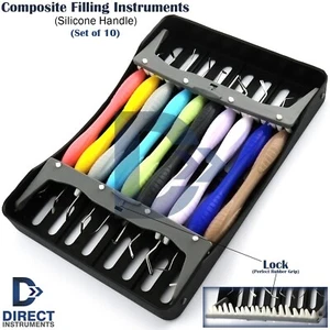 Juego de 10 piezas de instrumentos de relleno dentales compuestos mango de silicona con casete - Imagen 1 de 11