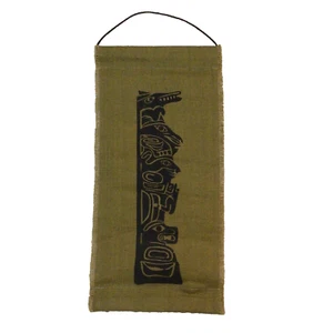 VTG Green Burlap Banner Wall Hanging Silk Screen Aztec Totem Mayan MCM 21" 919A - Picture 1 of 3