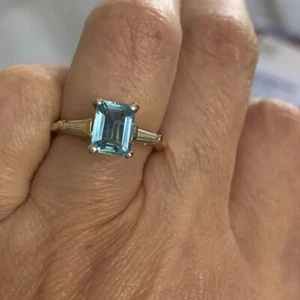 Emerald Cut Aquamarine & Diamond Wedding Ring Three Stone 14K Yellow Gold Finish - Picture 1 of 7