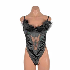 Vintage 80s E. Bole Lingerie Nightie Teddie L Feather Boa Underwire Thong Lace - Picture 1 of 15