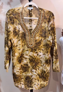 Carmen Marc Valvo Bluse verziert Perlen gold braun V-Ausschnitt Medium Top transparent - Bild 1 von 5