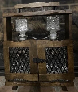 Vintage MCM Glass Scotch Bourbon Rye Liquor Decanters Wood Caddy Locked Barware - Picture 1 of 9
