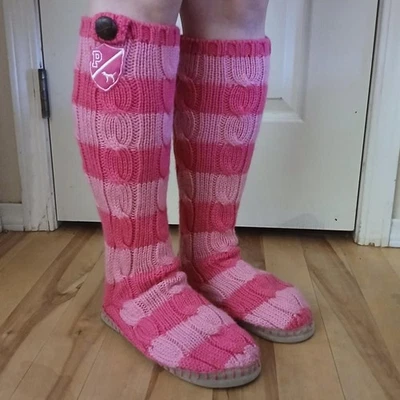 RARE Y2K VTG Victoria's Secret PINK Cable Knit Striped Knee-High Slippers M 7/8 - Image 1 of 4