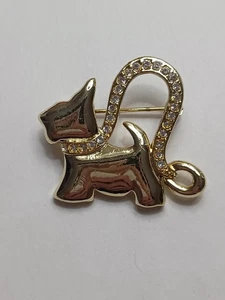 Vintage goldfarbene Dancraft Scottie Hund mit Strass Leine und Halsband Brosche - Bild 1 von 5
