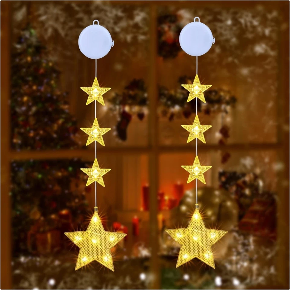 Qedertek LED Fensterbeleuchtung 2 Sterne Warmweiß batteriebetrieben Party Deko