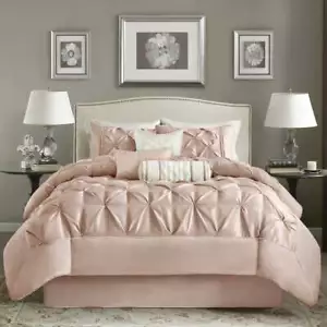 BEAUTIFUL MODERN CHIC SOFT PINK SATIN SILK PINTUCK TUFTED RUFFLE COMFORTER SET ~ - Picture 1 of 5