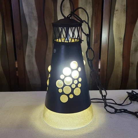 Vintage Caged Imprisoned Amber Glass Pendant Swag Light Fixture Wrought Iron Cover