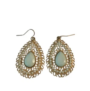 Goldtone Mint Teardrop Filigree Drop Earrings Bohemian Style French Wire Hook - Picture 1 of 5