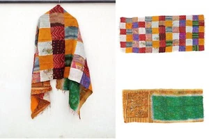 Silk Kantha Scarf  Head Wrap Stole Dupatta Hand Quilted Women Bandanas headband - Picture 1 of 6