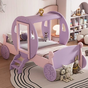 Twin size Platform Bed Frame Princess Carriage Bed w/ Crown and Stair Purple+Pin - Picture 1 of 12