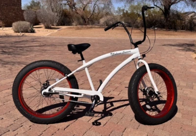 26” Fat Tire Bahama Beach Cruiser 3 Speed Bike White Frame/4” Red Wheels - Image 1 of 4