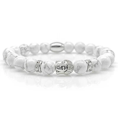 Howlith Armband Bracelet Perlenarmband Buddhakopf silber weiß 8mm Edelstahl  - Bild 1 von 2