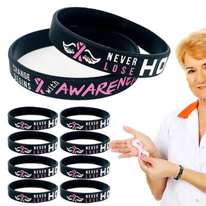 Breast Cancer Awareness Bracelet Pink Ribbon Silicone Wristband Jewelry Adult - Picture 1 of 13