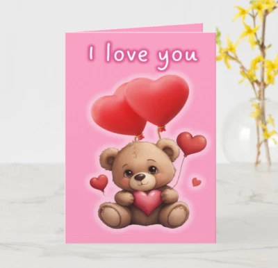 THEDDOD I Love You - 5.5" x 8.5" Cute Teddy Bear Pink Heart Romantic Card