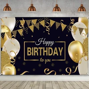 Happy Birthday Backdrop Banner Extra Large Black and Gold Sign Poster for Men Wo - Picture 1 of 6