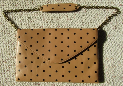 J CREW Bronceado 100% Cuero Lunares Sobre Bolso sin asas Cartera Cadena Dorada Correa 10" x 7" Foto 1 de 4