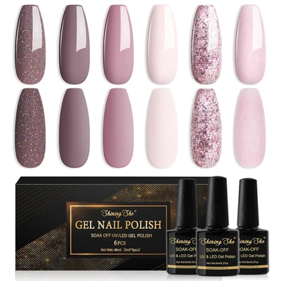 UV Nagellack Set 6 Farben Glitzer Rosa Dunkelrosa Hellrosa Nudefarben Gel Soak-O - Bild 1 von 4