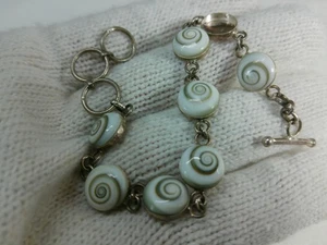 Vtg Sterling Silver Spiral Seashell Swirl Milk Glass Hand Blown Art Adj Bracelet - Picture 1 of 10