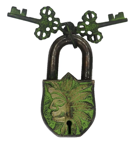 Tribal Man Shape Door Lock Antique Style Brass Handmade Padlock & Working Keys Cover