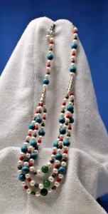Three Strand Beaded Ornamental Necklace 18 Inches White Turquoise Pink - Picture 1 of 6